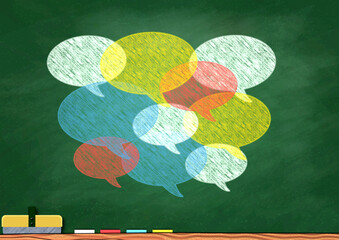 手描き風のカラフルな吹き出しと黒板背景のコミュニケーションイラスト