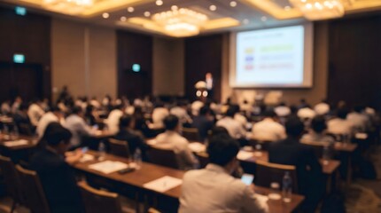1. Engaging business seminar in modern conference hall with audience listening to professional speaker presenting strategic insights on large projection screen
