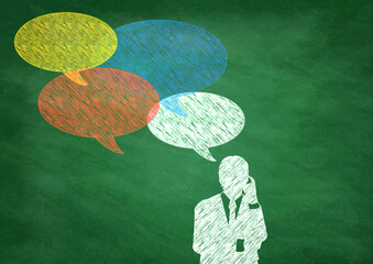 手描きチョーク風の吹き出しと考えるビジネスパーソンのイラスト