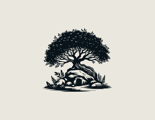 A Rock Under The Tree black vector logo illustration