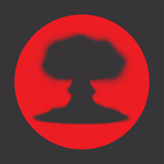 Vector pixel nuclear explosion mushroom with halftone effect in red circle sign. Suitable for anti-war posters dedicated to nuclear war and environmental pollution.No ai