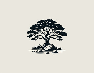 A Rock Under The Tree black vector logo illustration