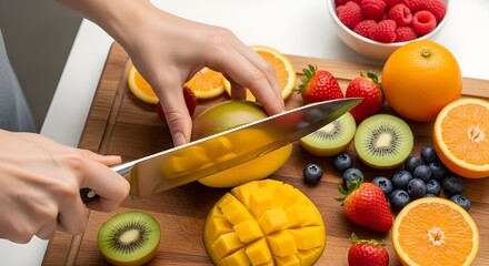 Hands Slicing Ripe Mango on Cutting Board Surrounded by Colorful Fresh Fruits
