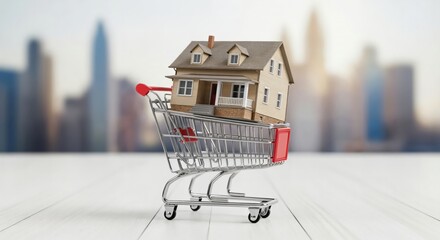 Miniature house model placed inside a shopping cart, symbolizing the concept of buying or investing in real estate and property in an urban environment.