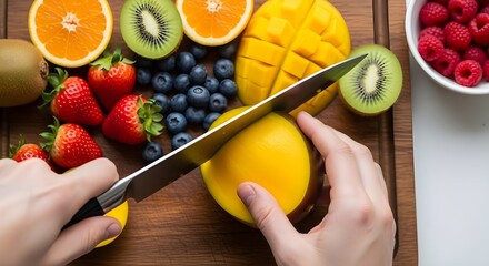 Chef Slicing Fresh Mango Among Vibrant Assorted Fruits on Clean Kitchen Counter
