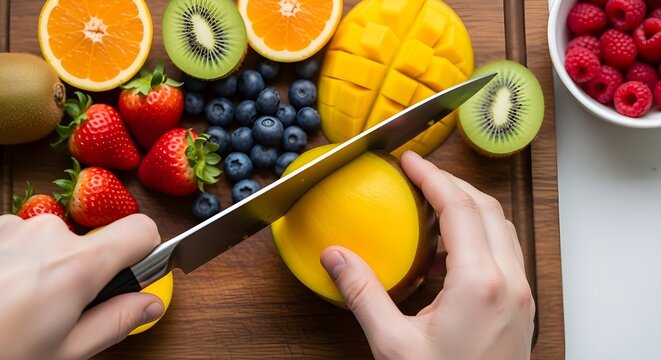 Chef Slicing Fresh Mango Among Vibrant Assorted Fruits on Clean Kitchen Counter - Powered by Adobe