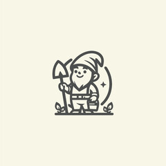A logo featuring a cheerful gnome gardener holding gardening tools, illustrated with friendly details to convey a warm and whimsical character