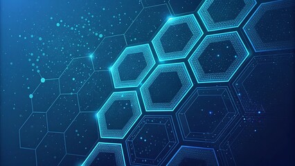 Digital abstract background featuring a cluster of interconnected glowing hexagons and scattered light particles on blue