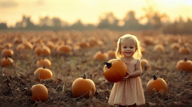 A young girl stands in a pumpkin patch during sunset. She holds a pumpkin close to her chest. The scene is bathed in the warm hues of the setting sun.