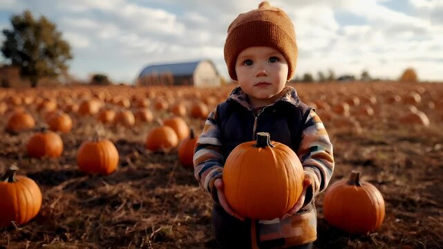 A young child stands amidst a pumpkin patch, holding a pumpkin. The scene is captured with a shallow depth of field, blurring the background and emphasizing the child as the main subject.