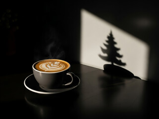 A steaming cup of coffee with delicate latte art on a dark table, contrasted by a strong shadow in the shape of a minimal Christmas tree