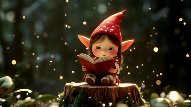 A whimsical, fairytalelike depiction of a young girl engrossed in reading a book. She is dressed in a red dress with a matching red hat adorned with white stars. The girls pose is relaxed.