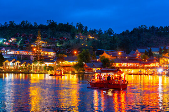 Night of "Ban Ruk Thai village" beside a beautiful lake, a Village of Chinese settlement is a travel destination in Mae Hong Son province, Amazing Thailand