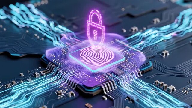 A glowing padlock hovers over a circuit board with neon pathways, representing data security