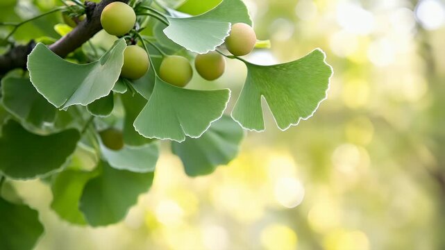 ginkgo biloba leaves and fruits closeup.