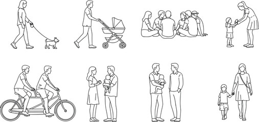 Everyday Life Vector Silhouette Collection, People Walking Dog, Parents Pushing Stroller, Group of Friends Sitting, Family Bonding, Tandem Biking, Mother and Daughter Strolling, Diversity in Outdoor 