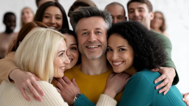 Cheerful group portrait of diverse people smiling together in a modern setting