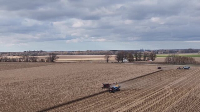 Aerial view of two combines moving through a corn field harvesting corn