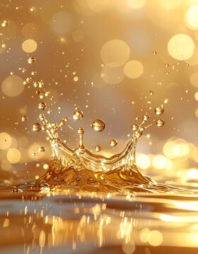 Golden Liquid Splash with Bokeh Lights.