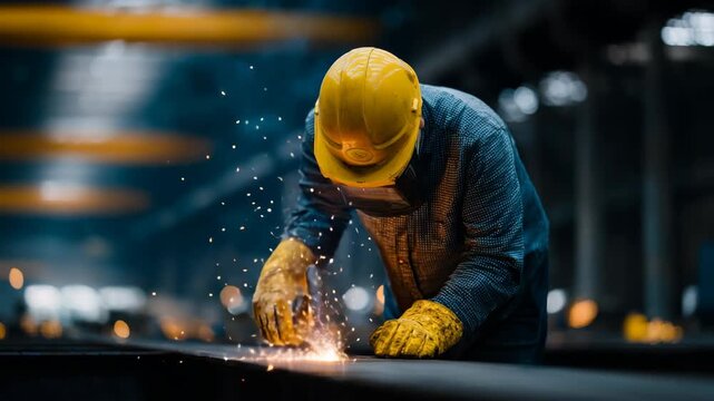 Welder in action creating sparks in a manufacturing environment with safety gear