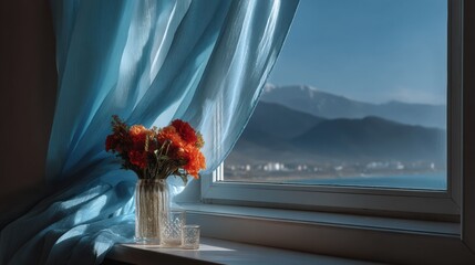 A Serene Moment: A Beautiful Vase of Flowers Adorning a Window Sill in a Peaceful Domestic Setting
