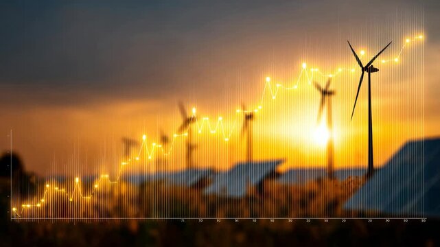 Stunning sunrise over wind turbines and solar panels showcasing renewable energy growth