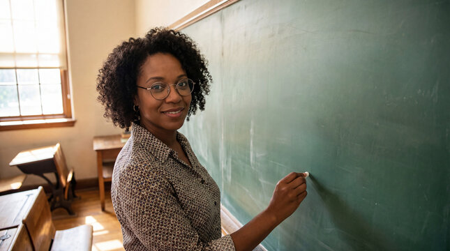 Portrait of smiling african american teacher looking at camera while writing on empty chalkboard in a vintage classroom