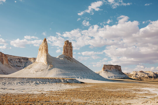 Twin limestone spires at Bozzhyra, Mangystau