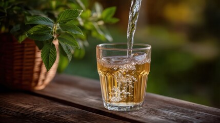 A Refreshing Moment Captured: The Art of Pouring Water into a Glass Under Natural Light
