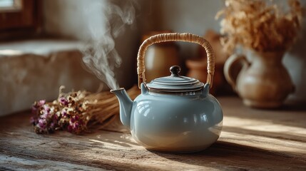 A Beautiful Teapot on a Table Capturing the Essence of Daily Life in the Morning Kitchen Rituals