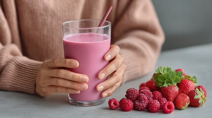 A Vibrant Journey into Daily Life: A Woman Enjoys a Refreshing Glass of Pink Smoothie