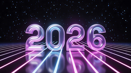Glowing 2026 numbers float above neon grid in dark space background