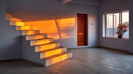 Exploring the Daily Journey: A Captivating Room with a Staircase and Sunlit Shadows
