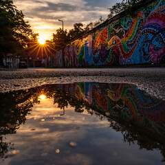 Vibrant street art along colorful urban walls