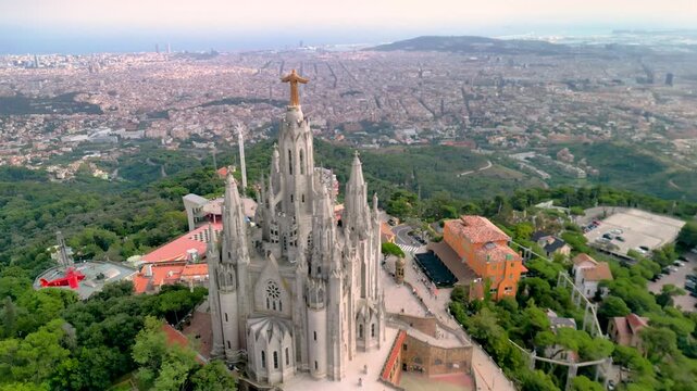Temple of the Sacred Heart, a basilica in Barcelona on Mount Tibidabo, Spain - aerial drone view , Templo Sagrado Coraz&oacute;n de Jes&uacute;s	