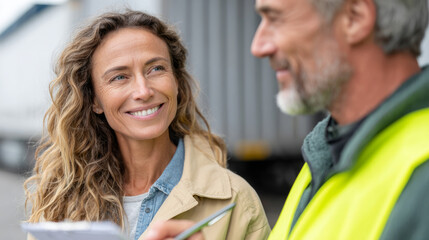 B2b interaction between logistic managers in high visibility attire