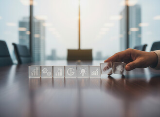 Strategic planning cubes aligned manually using detailed depth and smooth slightly blurred background..png