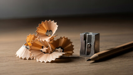 Pencil shavings, pencil and sharpener – symbols of creativity and learning