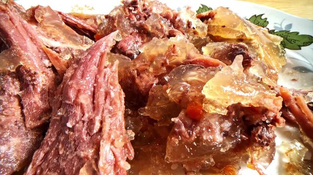 Dish with pork knuckle meat with gelatinous fat solidified before heating