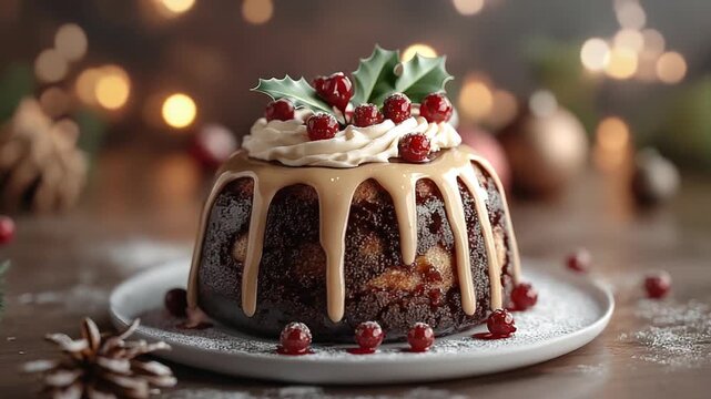 Festively decorated Christmas pudding with holly and red berries on a wooden table