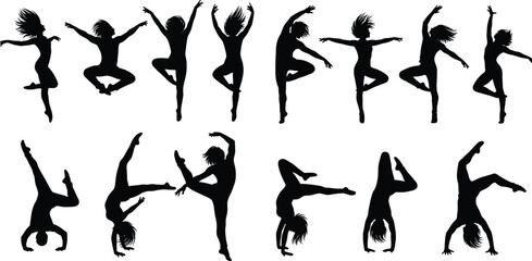 Dance silhouette illustration, dynamic poses, black vector art, expressive movement, female dancer, energetic choreography, jump spin kick, artistic performance, motion study