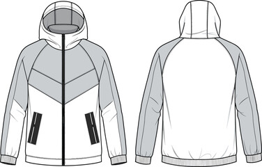 Technical flat sketch of men's hooded windbreaker jacket with chevron paneling, raglan sleeves, contrast color blocking, and elastic cuffs for a sleek, modern streetwear and activewear design. © Shami's World