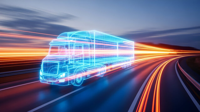 Fast moving car on a highway at night with motion blur and bright lights