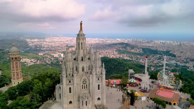 Temple of the Sacred Heart, a basilica in Barcelona on Mount Tibidabo, Spain - aerial drone view , Templo Sagrado Coraz&oacute;n de Jes&uacute;s	
