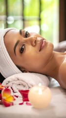 Relaxed Woman Enjoying a Serene Spa Treatment with Candlelight and Flower Petals.