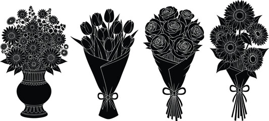 Floral bouquet silhouettes, decorative flower arrangements, black vector style, tulips, roses, chrysanthemums, ribbon tied, elegant design, isolated elements, stock illustration