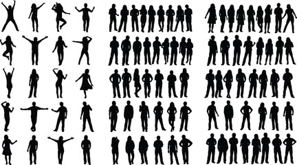 Human silhouette collection, expressive poses, standing figures, body language, black vector, emotional gestures, static postures, group layout, stock illustration, design element
