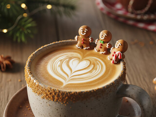 Christmas gingerbread latte with heart-shaped latte art, a crumb-rimmed mug, and miniature gingerbread men decorations on the foam