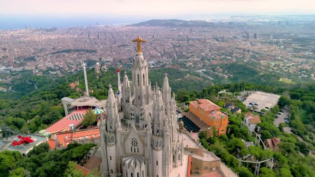 Temple of the Sacred Heart, a basilica in Barcelona on Mount Tibidabo, Spain - aerial drone view , Templo Sagrado Coraz&oacute;n de Jes&uacute;s	