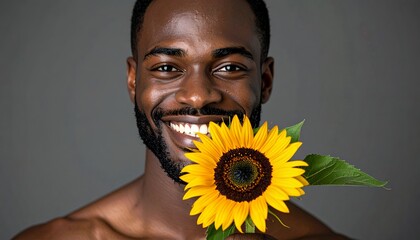 Smiling African American Man Holding a Bright Sunflower.